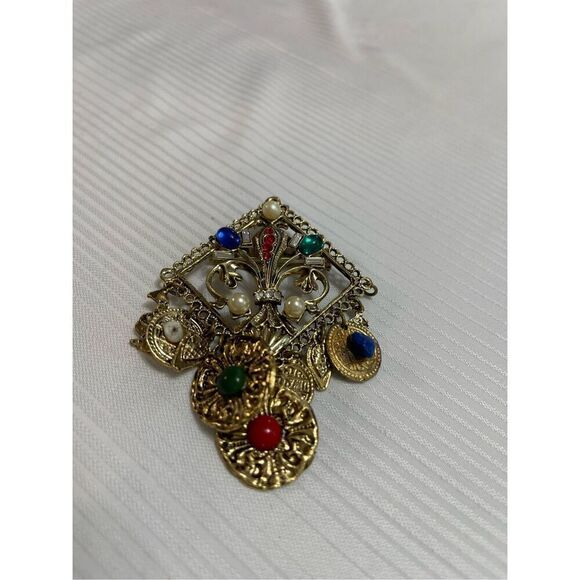 Vintage Runway Haute Couture Rhinestone Fleur De Lis Charms Pin Brooch Rare - Picture 1 of 7